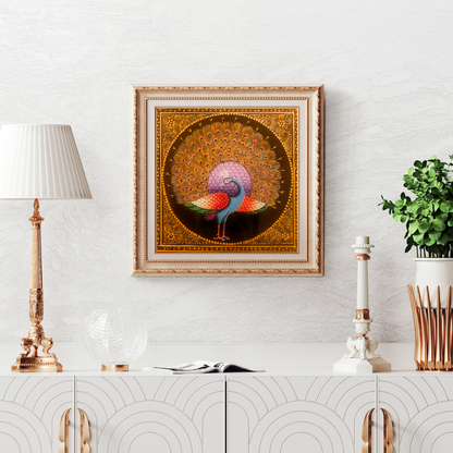 Golden Hand Painted Beautiful Peacock Indian Mughal Miniature Painting | Delicate Framed Bird Art | Rajasthani Wall Decor