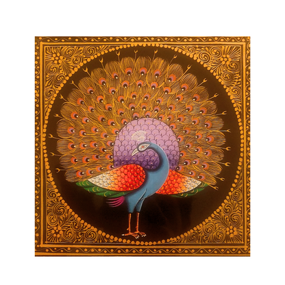 Golden Hand Painted Beautiful Peacock Indian Mughal Miniature Painting | Delicate Framed Bird Art | Rajasthani Wall Decor