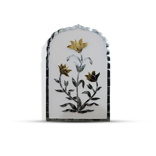 Handmade Lilly Floral Thikri Glasswork | Gold and Silver Handcrafted Wall Art