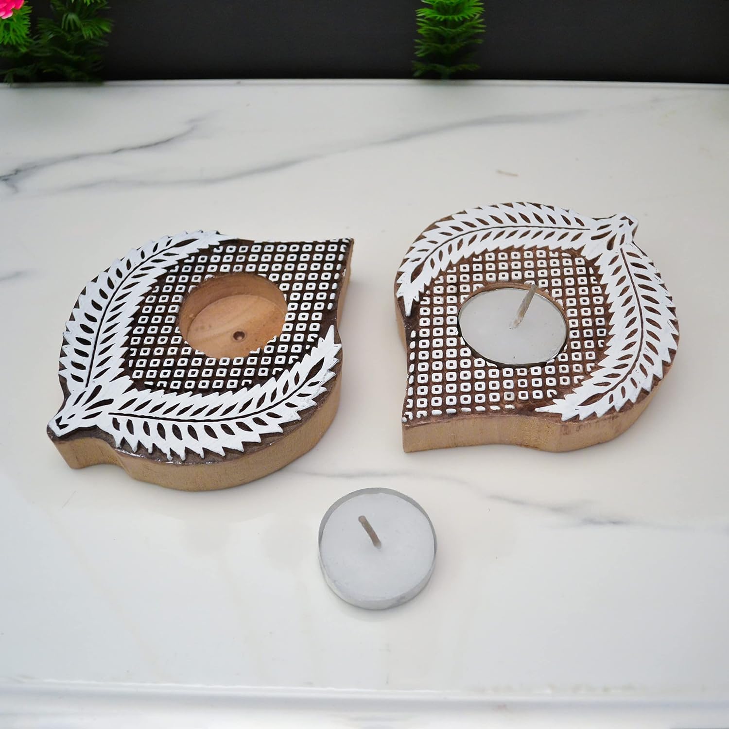 Handcrafted Wooden Block Diya Set with Tea Light Candles