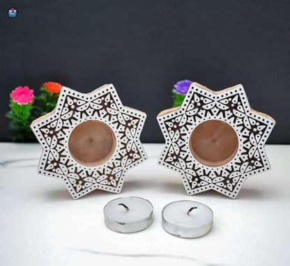 Handcrafted Wooden Block Diya Set of 4 | Traditional Festive Decor